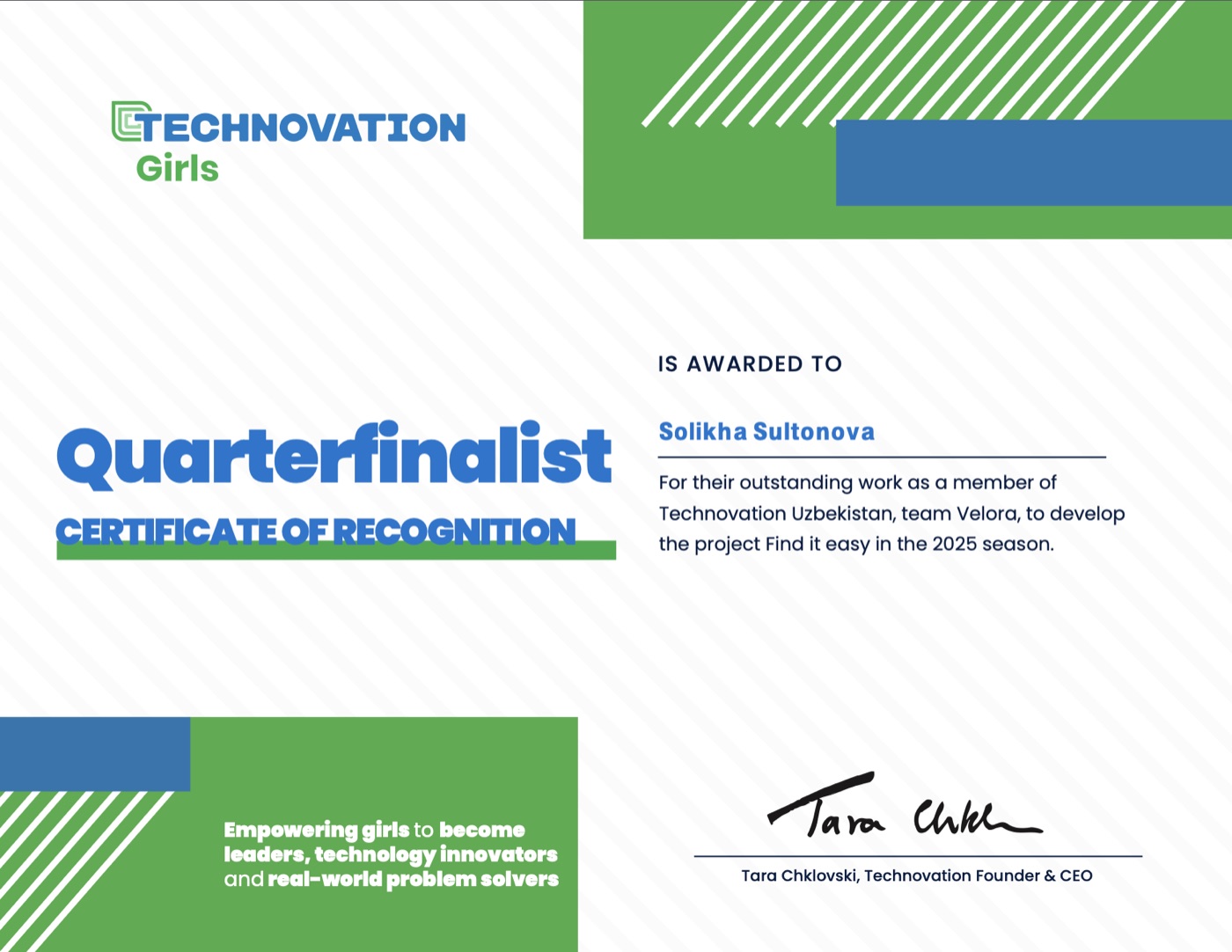 Technovation Girls certificate
